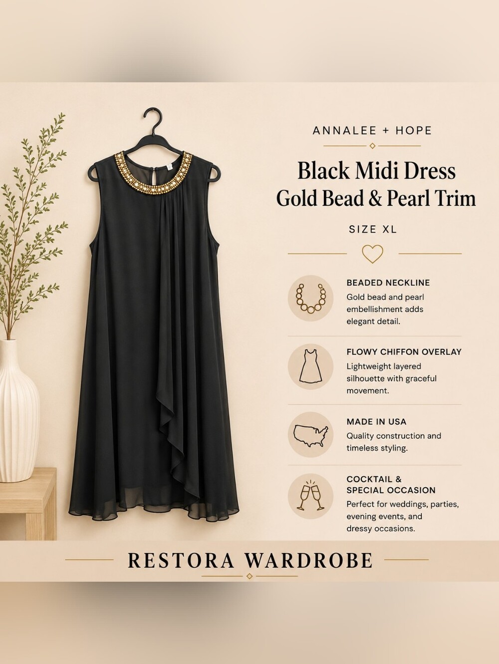 Annalee + Hope Black Beaded Pearl Cocktail Midi Shift Dress XL